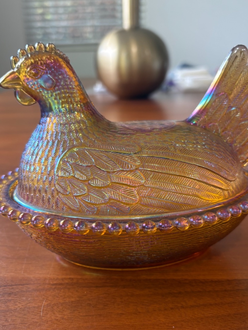 Indiana Glass Amber Marigold Iridescent Hen on Nest Covered Dish — Vintage 1970s